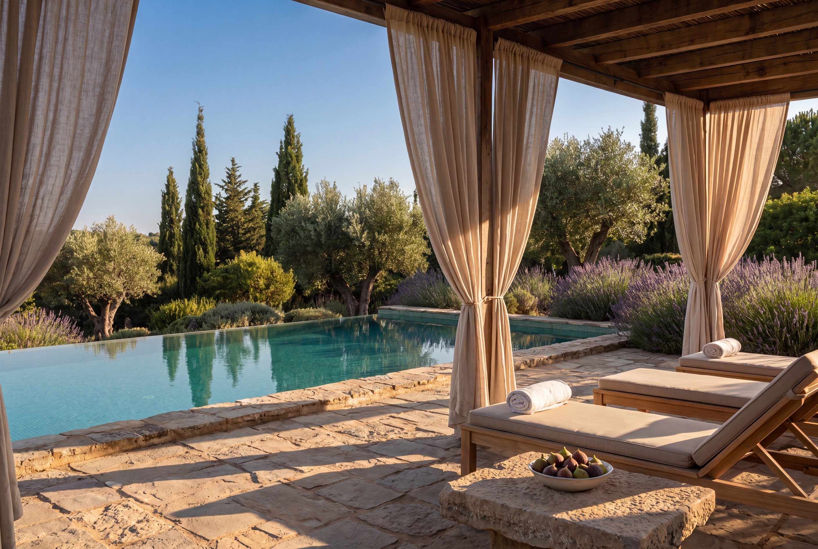 Wellness-Terrasse mit Pool, Olivenbäumen und Lavendel an der Algarve | Wellness terrace with pool, olive trees and lavender in the Algarve