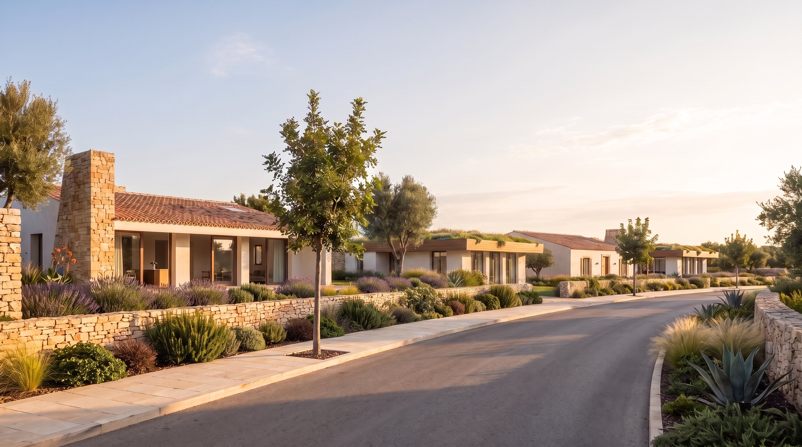 Straßenansicht innerhalb von Parque Residences Estoi mit Landhäusern und modernen Villen | Street view inside Parque Residences Estoi with country houses and contemporary villas